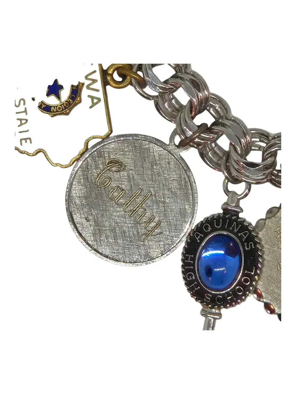 VTG Sterling Silver CHUNKY Heavy Estate Charm Bracelet , Iowa, St Thomas Aquinas